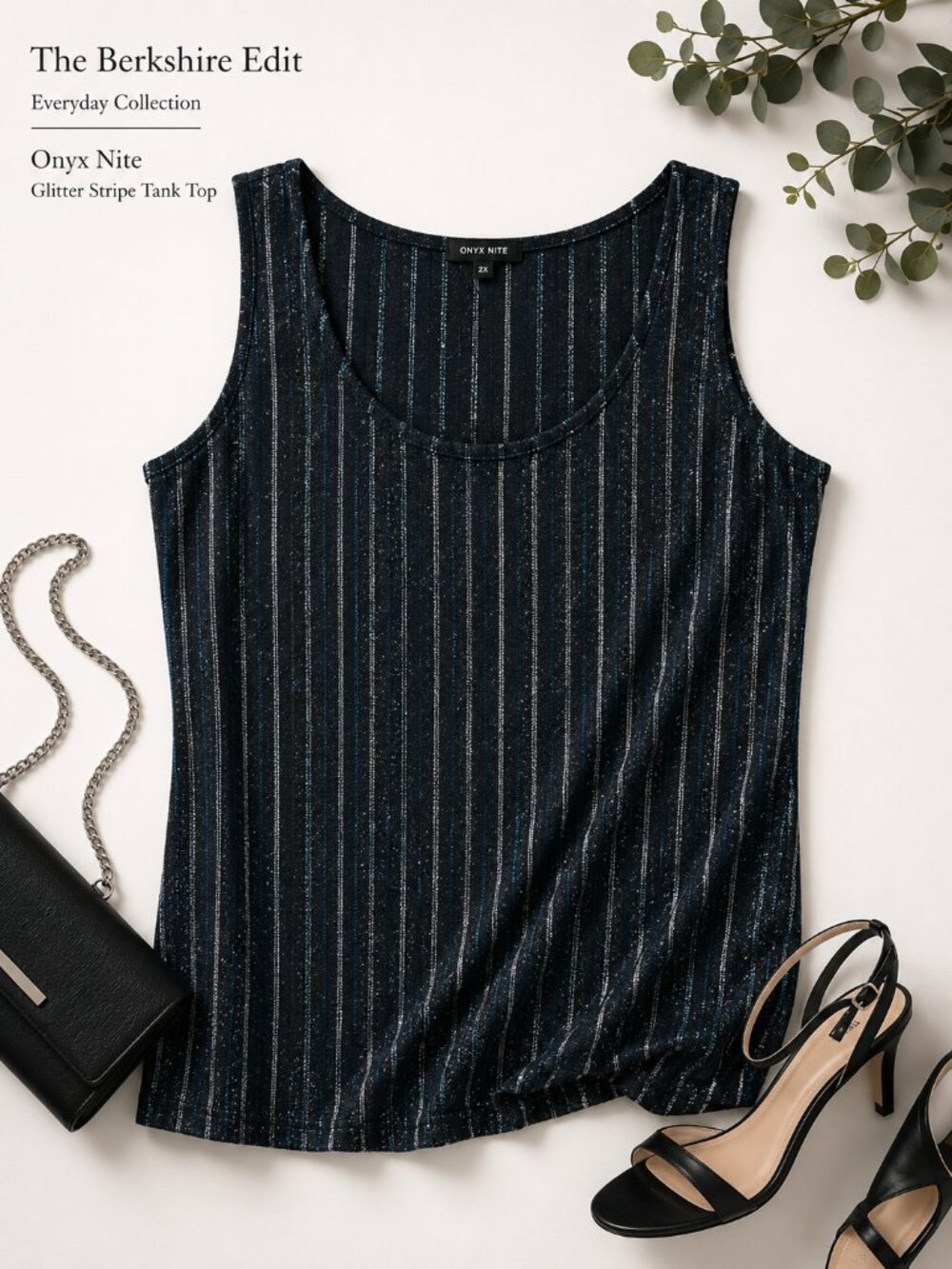 Onyx Nite Y2K Glitter Tank Top 2X Black Blue Silver Stretch Party